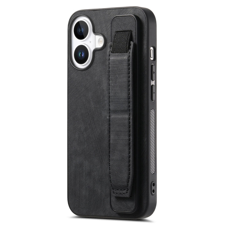 For iPhone 16 Plus Retro Wristband Holder Leather Back Phone Case(Black) - iPhone 16 Plus Cases by buy2fix | Online Shopping UK | buy2fix