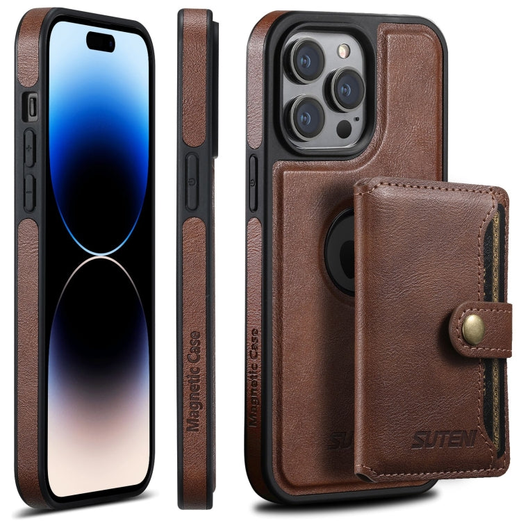 For iPhone 14 Pro Suteni M1 Oil Wax MagSafe Detachable Horizontal Card Bag Phone Case(Brown) - iPhone 14 Pro Cases by Suteni | Online Shopping UK | buy2fix