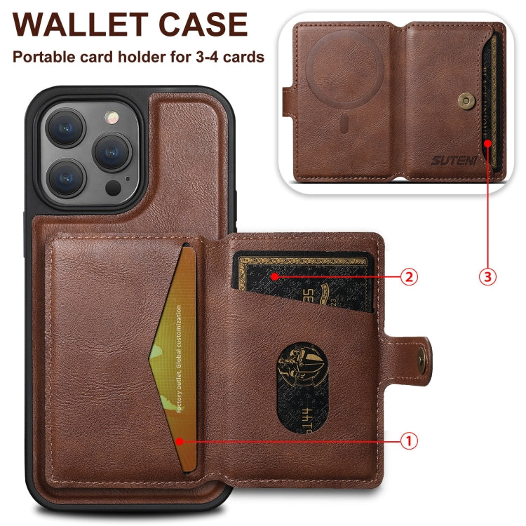 For iPhone 12 Pro Suteni M1 Oil Wax MagSafe Detachable Horizontal Card Bag Phone Case(Brown) - iPhone 12 / 12 Pro Cases by Suteni | Online Shopping UK | buy2fix