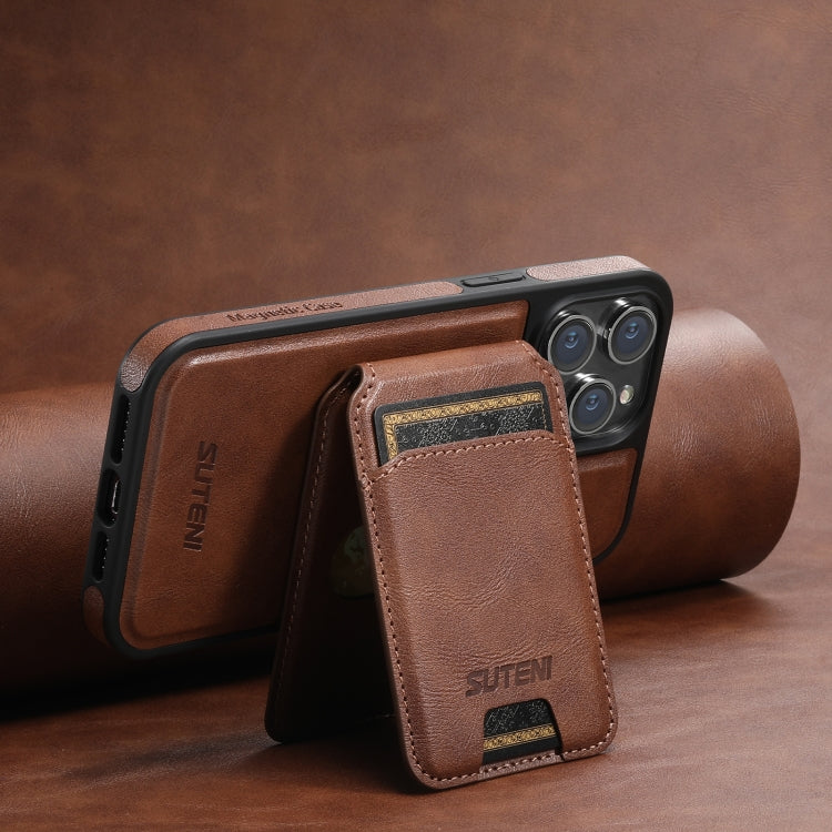 For iPhone 12  Suteni M2 Oil Wax MagSafe Horizontal Card Bag Phone Case(Brown) - iPhone 12 / 12 Pro Cases by Suteni | Online Shopping UK | buy2fix