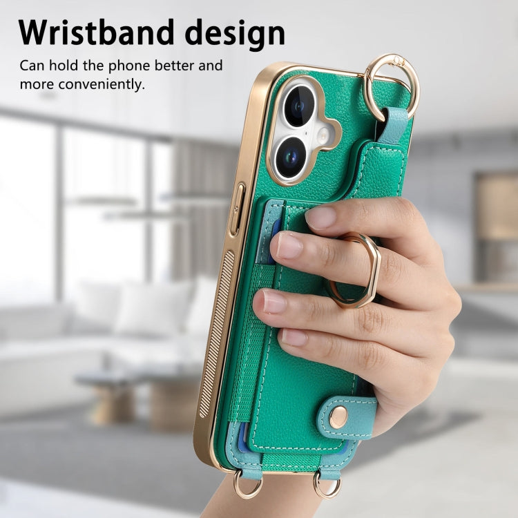 For iPhone 16 Fashion Ring Card Bag Phone Case with Hang Loop(Green) - iPhone 16 Cases by buy2fix | Online Shopping UK | buy2fix