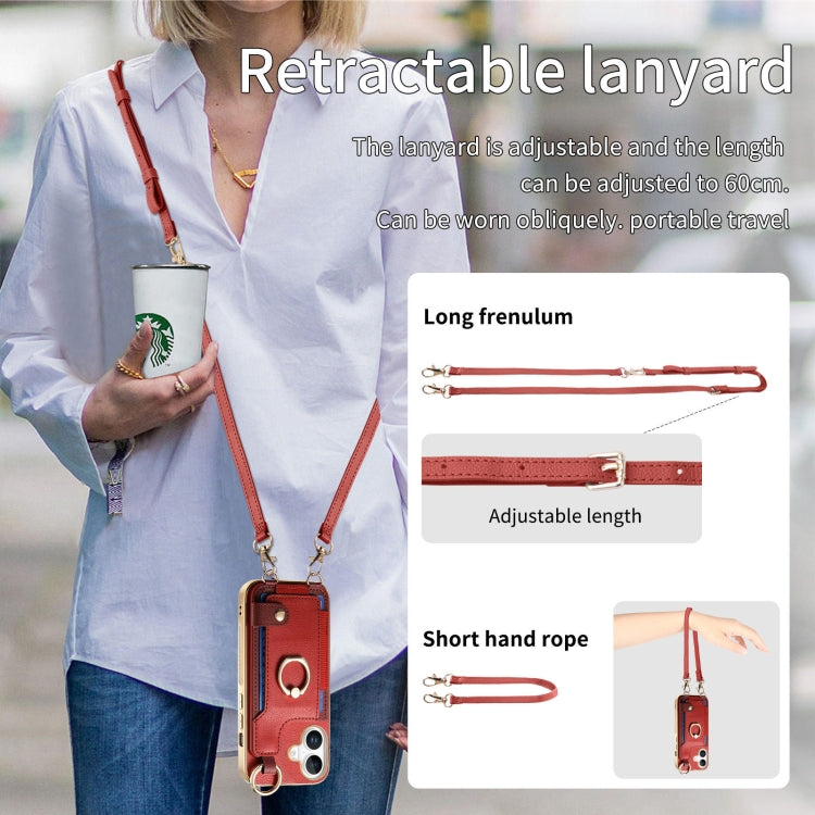 For iPhone 16 Plus Fashion Ring Card Bag Phone Case with Hang Loop(Red) - iPhone 16 Plus Cases by buy2fix | Online Shopping UK | buy2fix