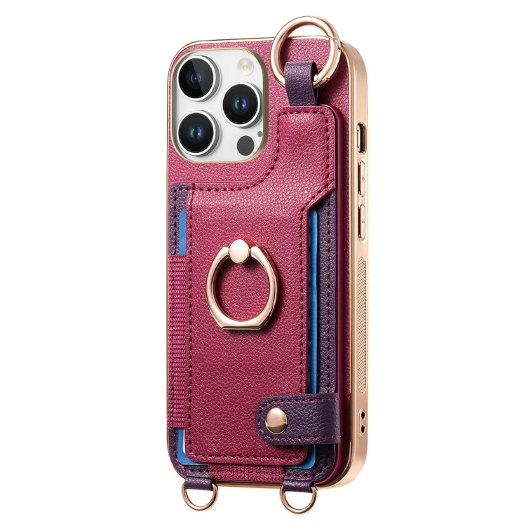 For iPhone 16 Pro Fashion Ring Card Bag Phone Case with Hang Loop(Purple) - iPhone 16 Pro Cases by buy2fix | Online Shopping UK | buy2fix