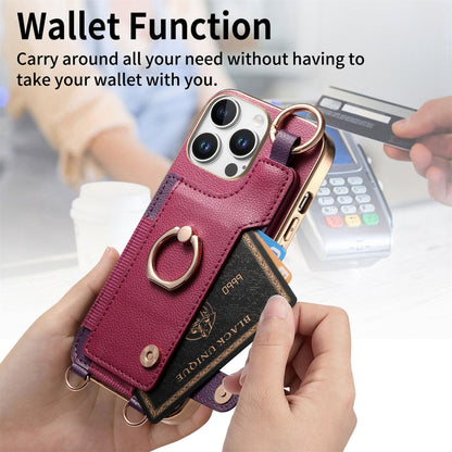 For iPhone 16 Pro Fashion Ring Card Bag Phone Case with Hang Loop(Purple) - iPhone 16 Pro Cases by buy2fix | Online Shopping UK | buy2fix