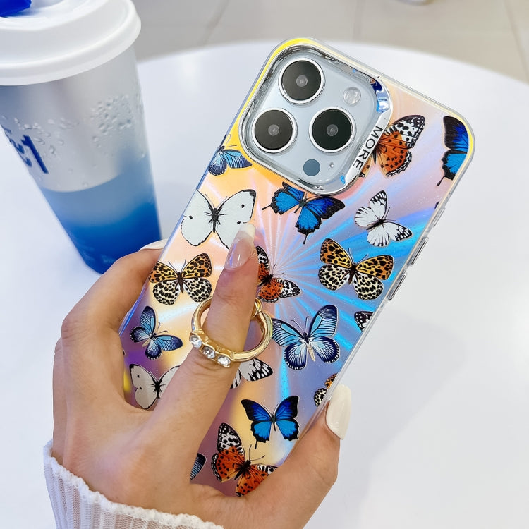 For iPhone 16 Electroplating Laser Butterfly Ring Holder Phone Case(Purple Butterflies AB3) - iPhone 16 Cases by buy2fix | Online Shopping UK | buy2fix