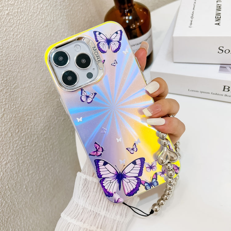 For iPhone 16 Electroplating Laser Butterfly Phone Case with Wrist Strap(Blue Butterflies AB4) - iPhone 16 Cases by buy2fix | Online Shopping UK | buy2fix