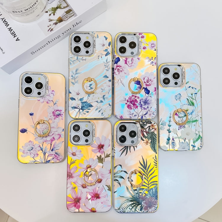 For iPhone 16 Electroplating Laser Flower Ring Holder TPU Phone Case(Plum Blossom AH18) - iPhone 16 Cases by buy2fix | Online Shopping UK | buy2fix