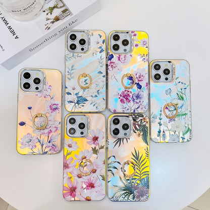 For iPhone 16 Electroplating Laser Flower Ring Holder TPU Phone Case(Morning Glory AH16) - iPhone 16 Cases by buy2fix | Online Shopping UK | buy2fix