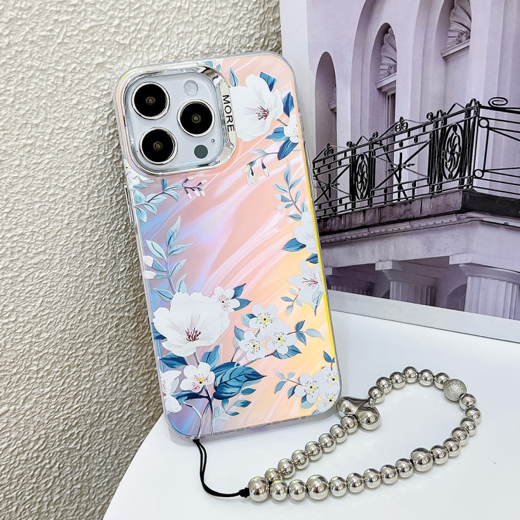 For iPhone 16 Pro Max Electroplating Laser Flower Phone Case with Wrist Strap(White Flower AH10) - iPhone 16 Pro Max Cases by buy2fix | Online Shopping UK | buy2fix