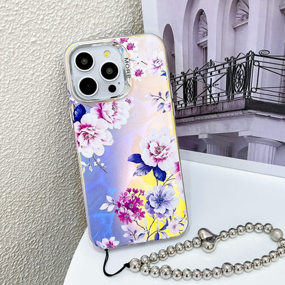 For iPhone 16 Pro Electroplating Laser Flower Phone Case with Wrist Strap(Peony AH11) - iPhone 16 Pro Cases by buy2fix | Online Shopping UK | buy2fix