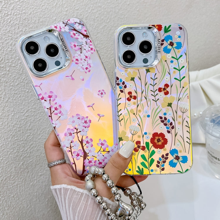 For iPhone 16 Pro Electroplating Laser Flower Phone Case with Wrist Strap(Pink Flower AH13) - iPhone 16 Pro Cases by buy2fix | Online Shopping UK | buy2fix