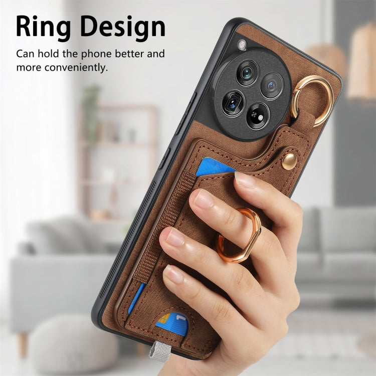 For OnePlus 12 5G Retro Skin-feel Ring Card Bag Phone Case with Hang Loop(Brown) - OnePlus Cases by buy2fix | Online Shopping UK | buy2fix