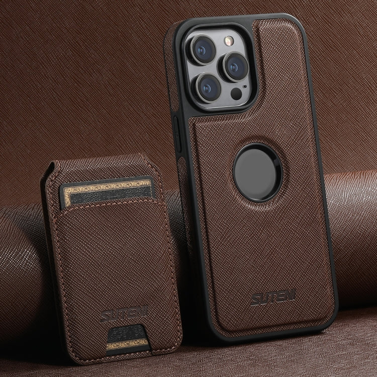 For iPhone 14 Pro Suteni M2 Cross-Grain MagSafe Vertical Card Back Phone Case(Brown) - iPhone 14 Pro Cases by Suteni | Online Shopping UK | buy2fix