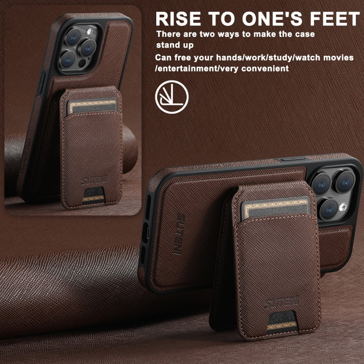 For iPhone 16 Plus Suteni M2 Cross-Grain MagSafe Vertical Card Back Phone Case(Brown) - iPhone 16 Plus Cases by Suteni | Online Shopping UK | buy2fix