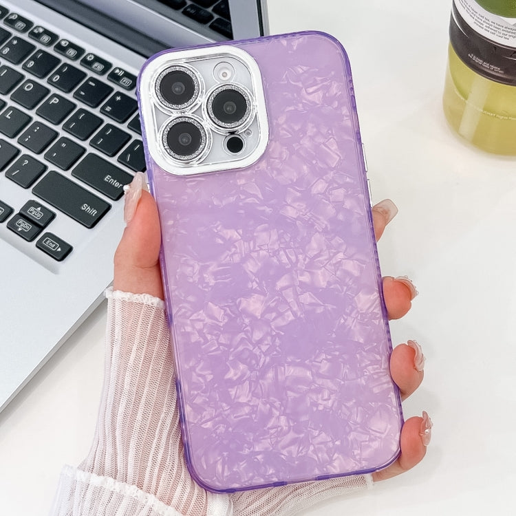 For iPhone 16 Plus Plating Glitter Texture TPU Phone Case with Lens Film(Purple Shell Pattern) - iPhone 16 Plus Cases by buy2fix | Online Shopping UK | buy2fix