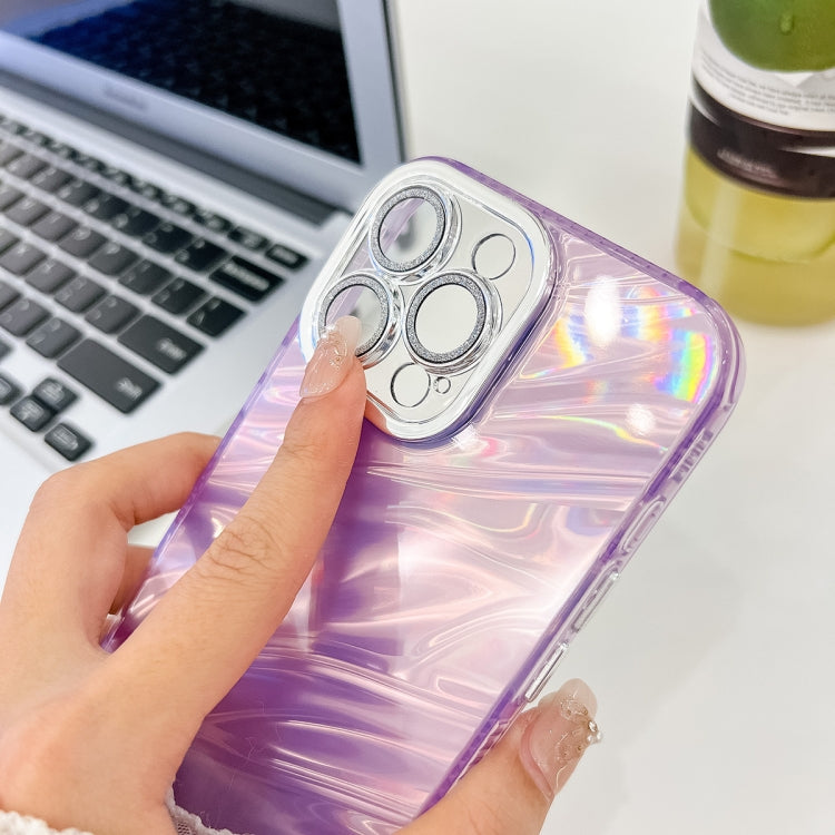 For iPhone 16 Pro Plating Glitter Texture TPU Phone Case with Lens Film(Purple Feathers) - iPhone 16 Pro Cases by buy2fix | Online Shopping UK | buy2fix