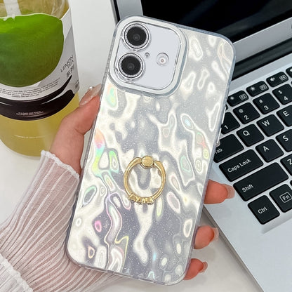 For iPhone 16 Plus Plating Glitter Texture Ring Holder TPU Phone Case with Lens Film(White Wrinkles) - iPhone 16 Plus Cases by buy2fix | Online Shopping UK | buy2fix