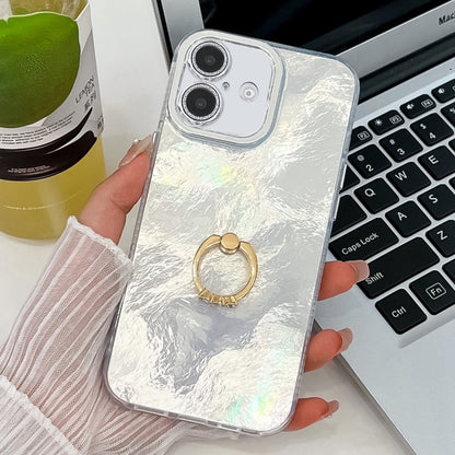 For iPhone 16 Plus Plating Glitter Texture Ring Holder TPU Phone Case with Lens Film(White Tinfoil Texture) - iPhone 16 Plus Cases by buy2fix | Online Shopping UK | buy2fix