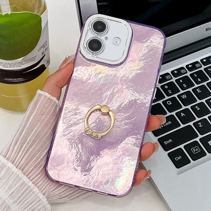 For iPhone 16 Plus Plating Glitter Texture Ring Holder TPU Phone Case with Lens Film(Purple Tinfoil Texture) - iPhone 16 Plus Cases by buy2fix | Online Shopping UK | buy2fix