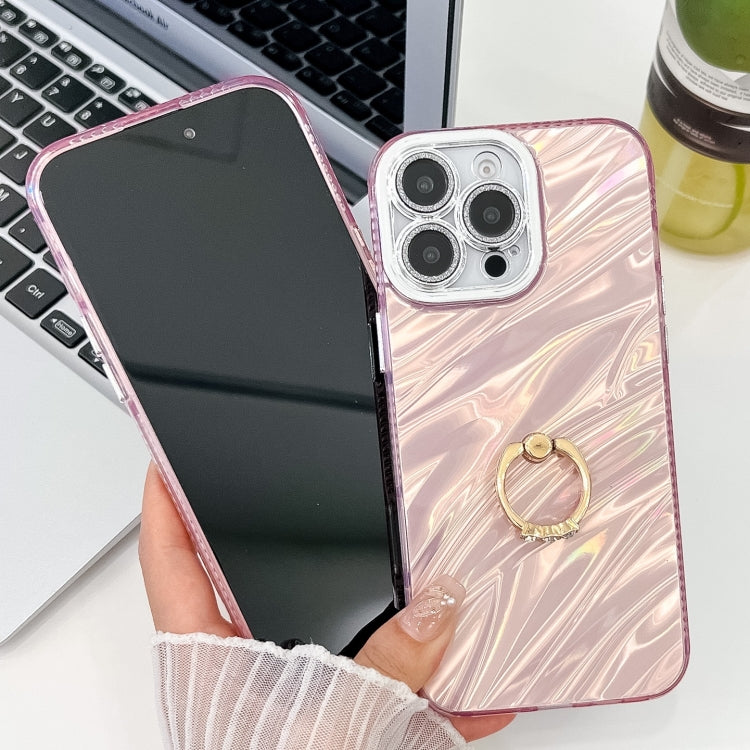 For iPhone 16 Plating Glitter Texture Ring Holder TPU Phone Case with Lens Film(Pink Shell Pattern) - iPhone 16 Cases by buy2fix | Online Shopping UK | buy2fix