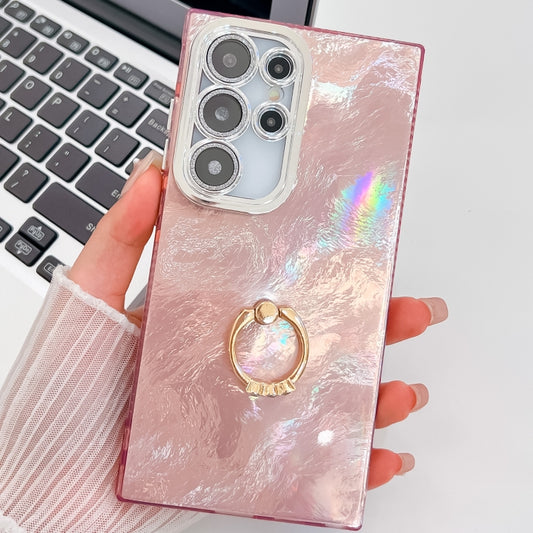 For Samsung Galaxy S25 Ultra 5G Plating Glitter Texture Ring Holder TPU Phone Case with Lens Film(Pink Tinfoil Texture) - Galaxy S25 Ultra 5G Cases by buy2fix | Online Shopping UK | buy2fix