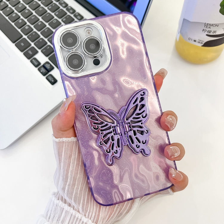 For iPhone 16 Pro Plating Glitter Texture Butterfly Holder TPU Phone Case with Lens Film(Purple Wrinkles) - iPhone 16 Pro Cases by buy2fix | Online Shopping UK | buy2fix