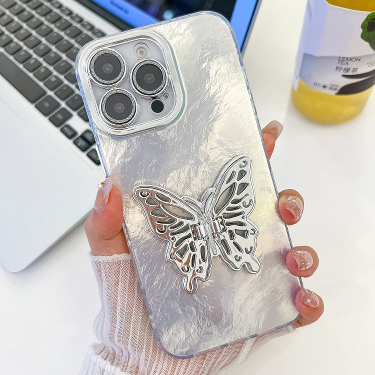 For iPhone 16 Pro Plating Glitter Texture Butterfly Holder TPU Phone Case with Lens Film(White Tinfoil Texture) - iPhone 16 Pro Cases by buy2fix | Online Shopping UK | buy2fix