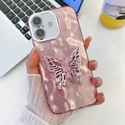 For iPhone 16 Plus Plating Glitter Texture Butterfly Holder TPU Phone Case with Lens Film(Pink Wrinkles) - iPhone 16 Plus Cases by buy2fix | Online Shopping UK | buy2fix