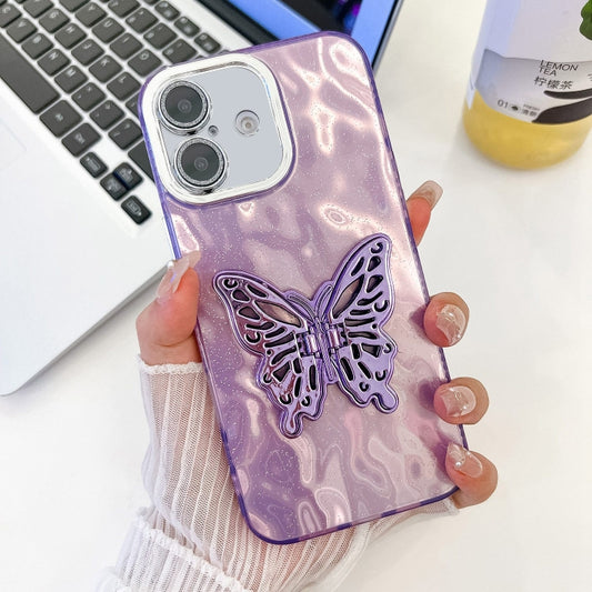 For iPhone 16 Plating Glitter Texture Butterfly Holder TPU Phone Case with Lens Film(Purple Wrinkles) - iPhone 16 Cases by buy2fix | Online Shopping UK | buy2fix