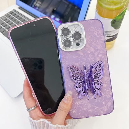 For iPhone 16 Plus Plating Glitter Texture Butterfly Holder TPU Phone Case with Lens Film(White Wrinkles) - iPhone 16 Plus Cases by buy2fix | Online Shopping UK | buy2fix