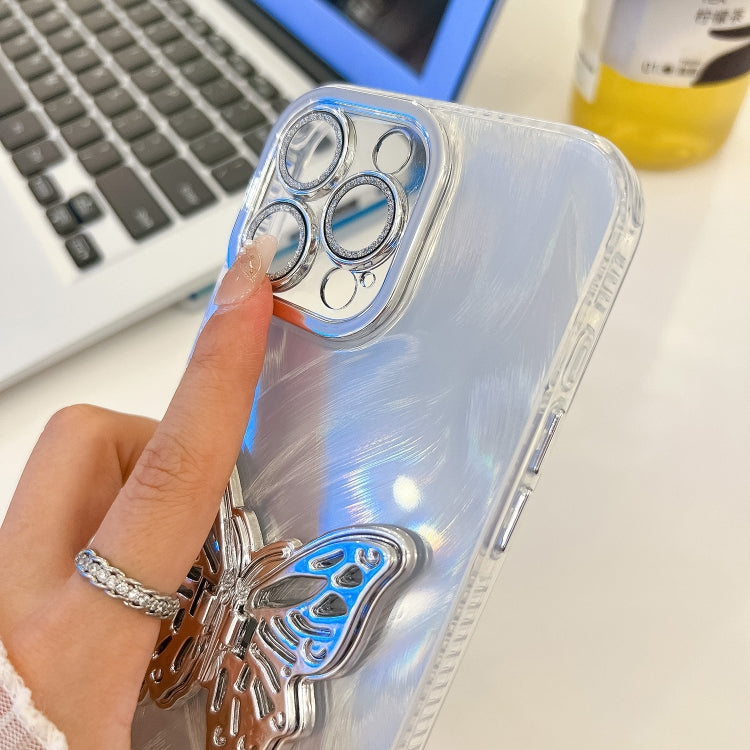 For iPhone 16 Pro Plating Glitter Texture Butterfly Holder TPU Phone Case with Lens Film(White Tinfoil Texture) - iPhone 16 Pro Cases by buy2fix | Online Shopping UK | buy2fix