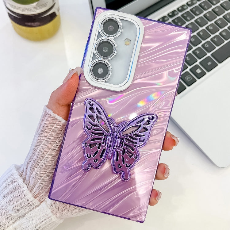 For Samsung Galaxy S25 5G Plating Glitter Texture Butterfly Holder TPU Phone Case with Lens Film(Purple Water Ripples) - Galaxy S25 5G Cases by buy2fix | Online Shopping UK | buy2fix