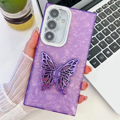 For Samsung Galaxy S25 5G Plating Glitter Texture Butterfly Holder TPU Phone Case with Lens Film(Purple Shell Pattern) - Galaxy S25 5G Cases by buy2fix | Online Shopping UK | buy2fix