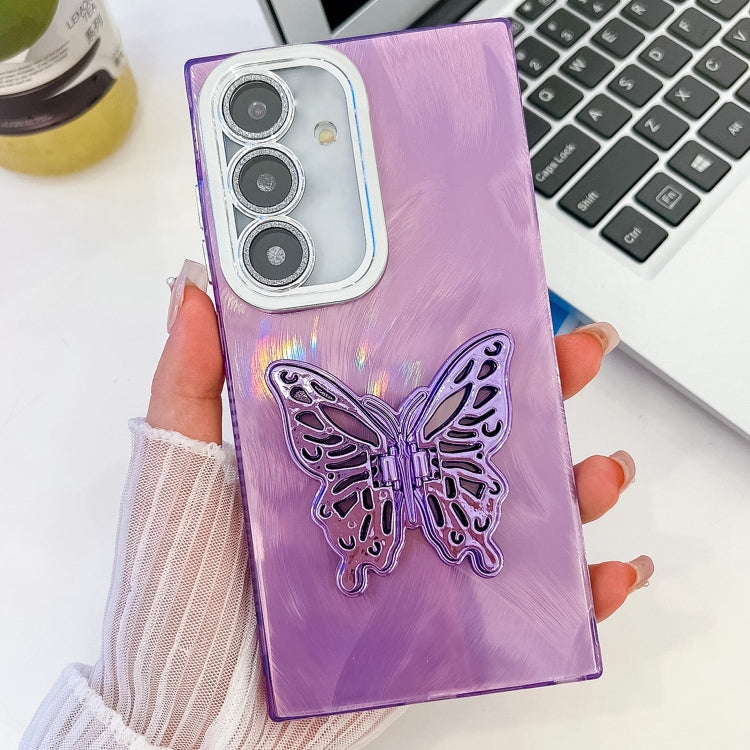 For Samsung Galaxy S25 5G Plating Glitter Texture Butterfly Holder TPU Phone Case with Lens Film(Purple Feather Yarn) - Galaxy S25 5G Cases by buy2fix | Online Shopping UK | buy2fix