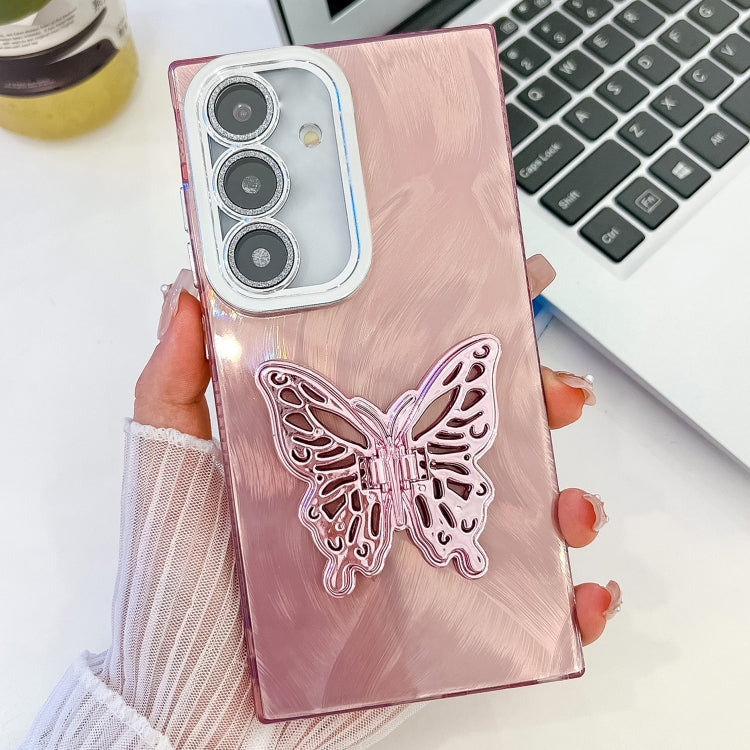 For Samsung Galaxy S25+ 5G Plating Glitter Texture Butterfly Holder TPU Phone Case with Lens Film(Pink Feather Yarn) - Galaxy S25+ 5G Cases by buy2fix | Online Shopping UK | buy2fix