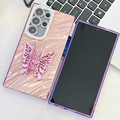 For Samsung Galaxy S25+ 5G Plating Glitter Texture Butterfly Holder TPU Phone Case with Lens Film(Purple Wrinkles) - Galaxy S25+ 5G Cases by buy2fix | Online Shopping UK | buy2fix