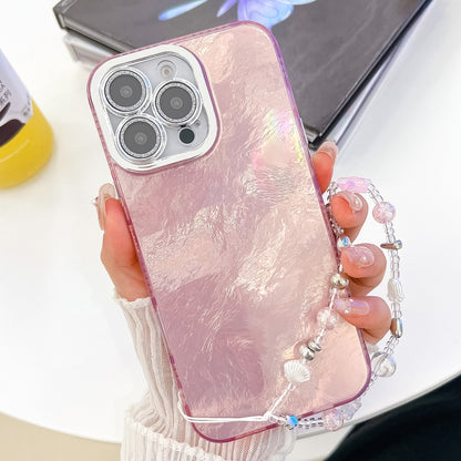 For iPhone 16 Pro Plating Glitter Texture Chain Wristband TPU Phone Case with Lens Film(Pink Tinfoil Texture) - iPhone 16 Pro Cases by buy2fix | Online Shopping UK | buy2fix