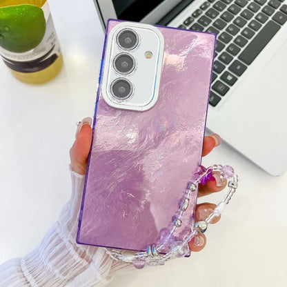 For Samsung Galaxy S25 5G Plating Glitter Texture Chain Wristband TPU Phone Case with Lens Film(Purple Tinfoil Texture) - Galaxy S25 5G Cases by buy2fix | Online Shopping UK | buy2fix