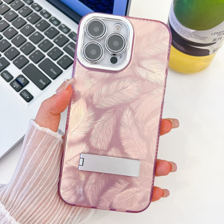 For iPhone 16 Pro Max Plating Glitter Texture Fold Holder TPU Phone Case with Lens Film(Pink Feathers) - iPhone 16 Pro Max Cases by buy2fix | Online Shopping UK | buy2fix