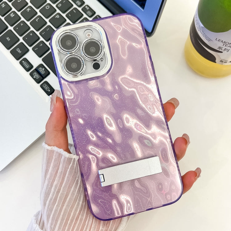 For iPhone 16 Pro Plating Glitter Texture Fold Holder TPU Phone Case with Lens Film(Purple Wrinkles) - iPhone 16 Pro Cases by buy2fix | Online Shopping UK | buy2fix