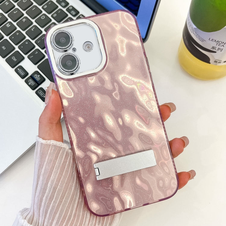 For iPhone 16 Plating Glitter Texture Fold Holder TPU Phone Case with Lens Film(Pink Wrinkles) - iPhone 16 Cases by buy2fix | Online Shopping UK | buy2fix