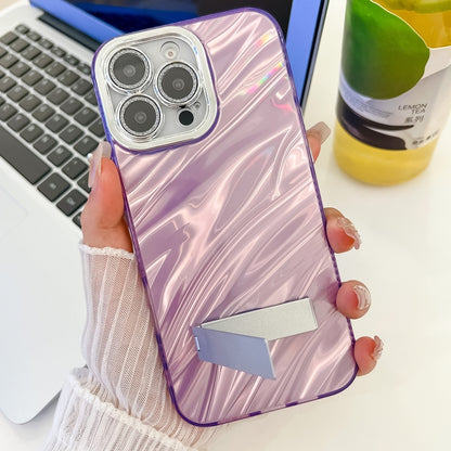 For iPhone 16 Plating Glitter Texture Fold Holder TPU Phone Case with Lens Film(Purple Water Ripples) - iPhone 16 Cases by buy2fix | Online Shopping UK | buy2fix