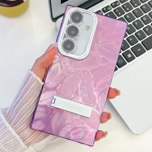 For Samsung Galaxy S25 5G Plating Glitter Texture Fold Holder TPU Phone Case with Lens Film(Purple Feathers) - Galaxy S25 5G Cases by buy2fix | Online Shopping UK | buy2fix