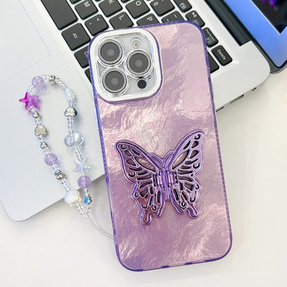 For iPhone 16 Pro Plating Glitter Lens Film Texture Butterfly Holder Wristband Phone Case(Purple Tinfoil Texture) - iPhone 16 Pro Cases by buy2fix | Online Shopping UK | buy2fix