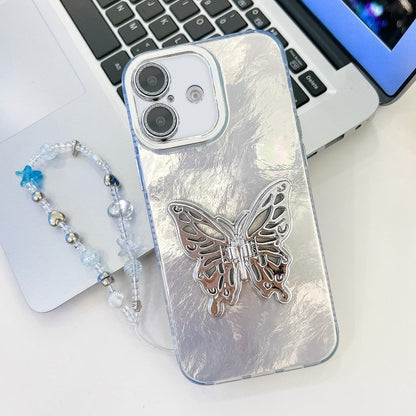 For iPhone 16 Plating Glitter Lens Film Texture Butterfly Holder Wristband Phone Case(White Tinfoil Texture) - iPhone 16 Cases by buy2fix | Online Shopping UK | buy2fix