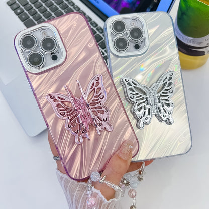 For iPhone 16 Pro Plating Glitter Lens Film Texture Butterfly Holder Wristband Phone Case(Pink Feather Yarn) - iPhone 16 Pro Cases by buy2fix | Online Shopping UK | buy2fix