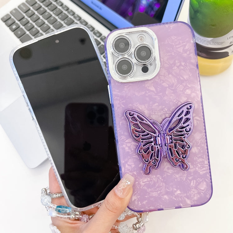 For iPhone 16 Plus Plating Glitter Lens Film Texture Butterfly Holder Wristband Phone Case(Pink Water Ripples) - iPhone 16 Plus Cases by buy2fix | Online Shopping UK | buy2fix