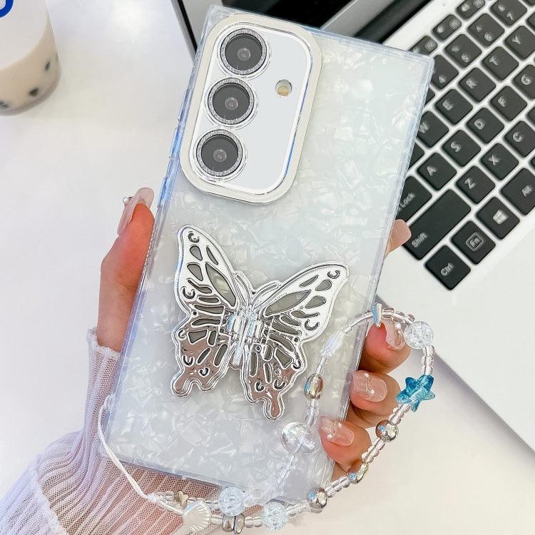 For Samsung Galaxy S25 5G Plating Glitter Lens Film Texture Butterfly Holder Wristband Phone Case(White Shell Pattern) - Galaxy S25 5G Cases by buy2fix | Online Shopping UK | buy2fix