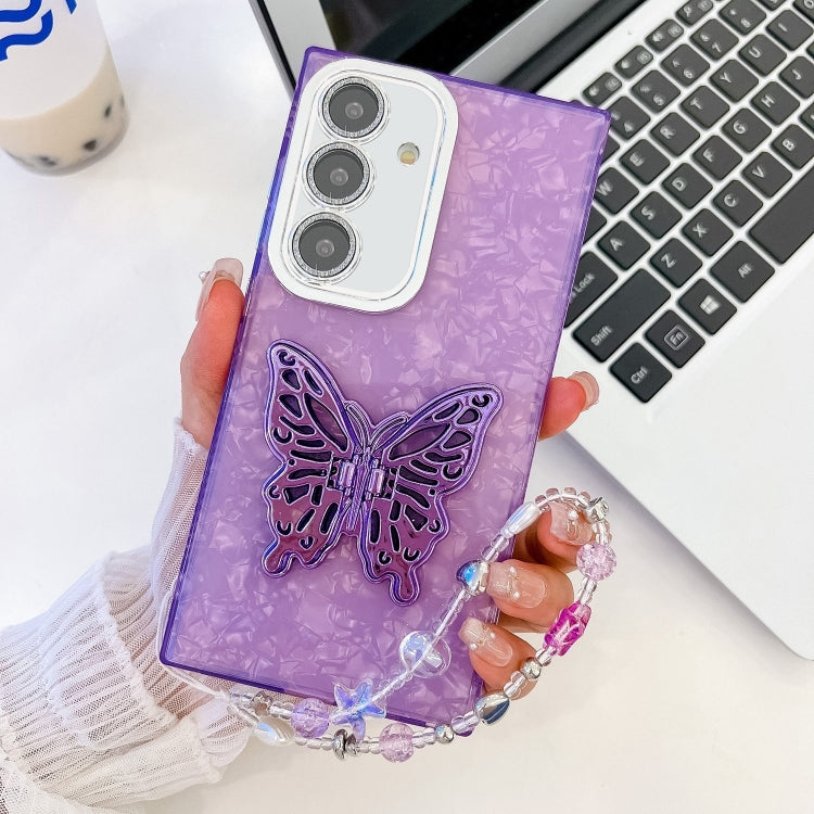 For Samsung Galaxy S25 5G Plating Glitter Lens Film Texture Butterfly Holder Wristband Phone Case(Purple Shell Pattern) - Galaxy S25 5G Cases by buy2fix | Online Shopping UK | buy2fix