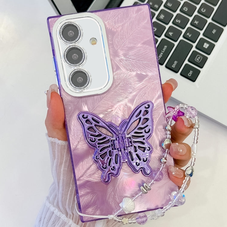 For Samsung Galaxy S25 5G Plating Glitter Lens Film Texture Butterfly Holder Wristband Phone Case(Purple Feathers) - Galaxy S25 5G Cases by buy2fix | Online Shopping UK | buy2fix